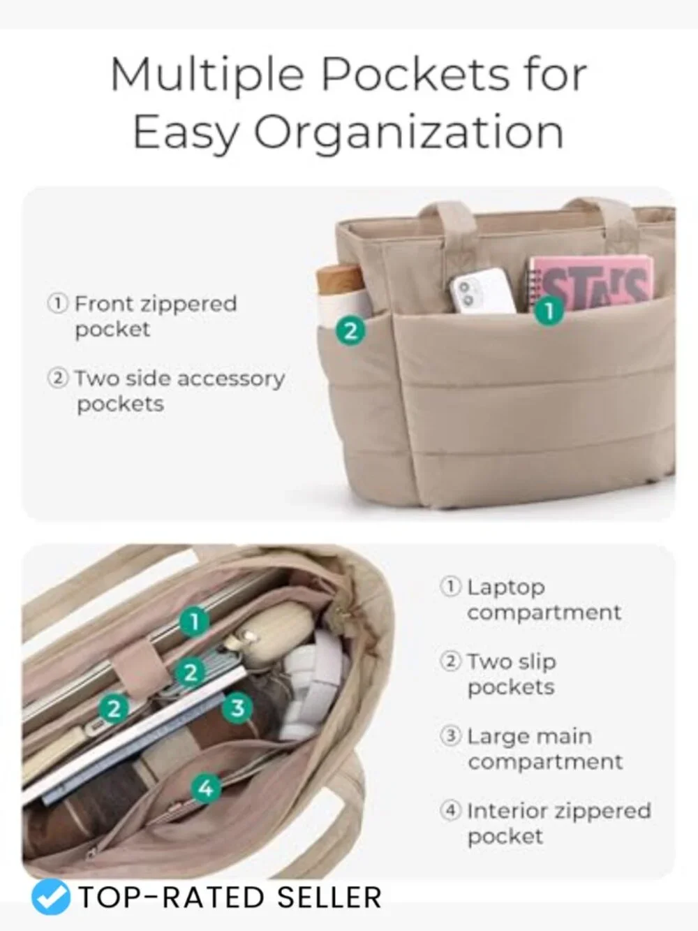 Puffy Tote Bag Lightweight Shoulder Handbag with Compartments for Travel Work